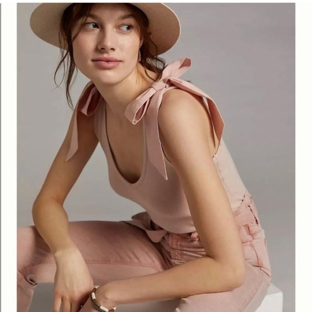 Maeve by Anthropologie Pink Ribbed Tie Shoulder V-Neck Tank Top‎ XS Coquette